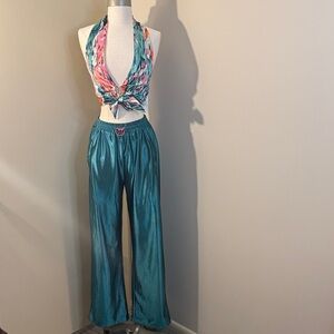 Satin Teal Wide-Leg Pants